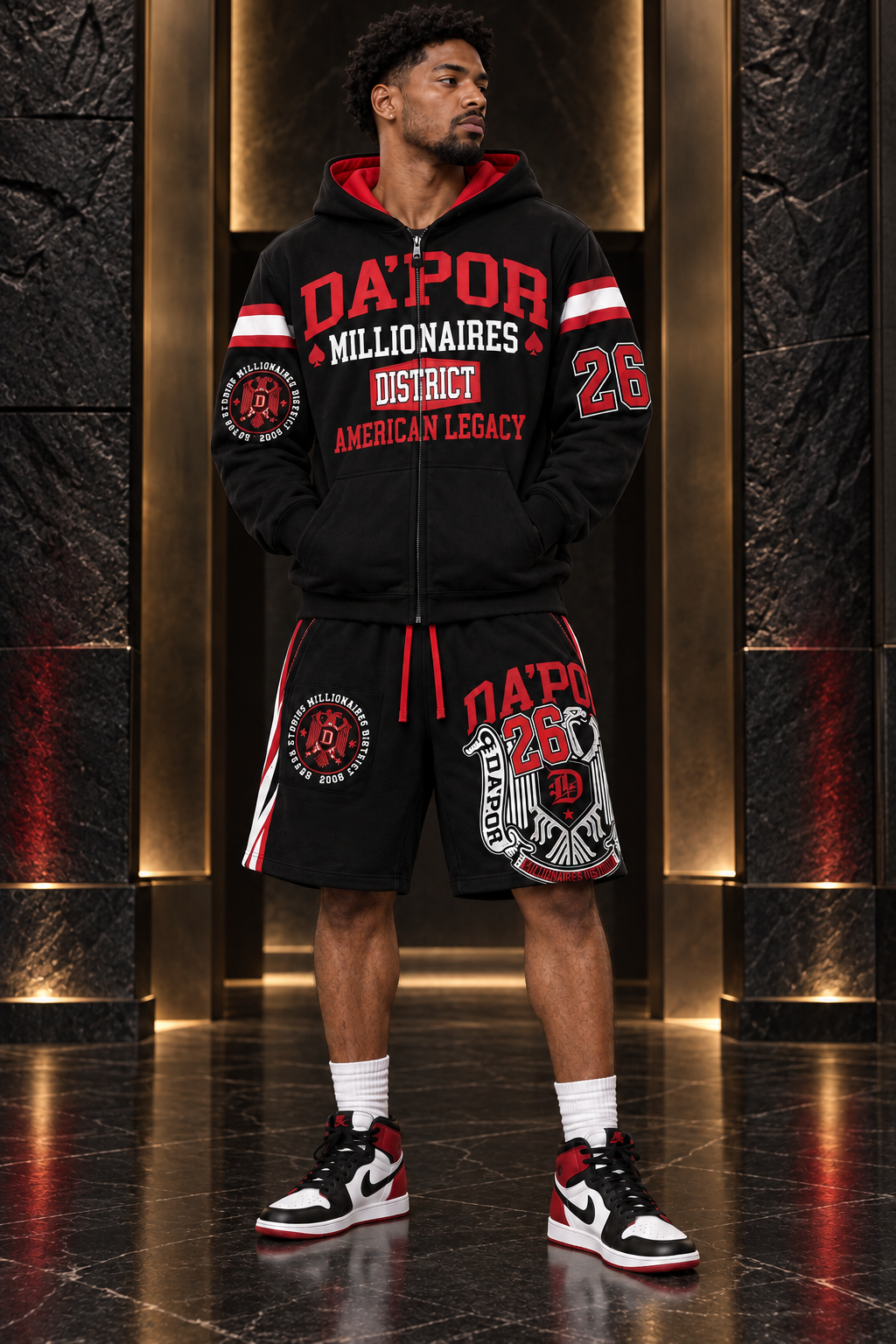 Black and red District hoodie and shorts styling preview