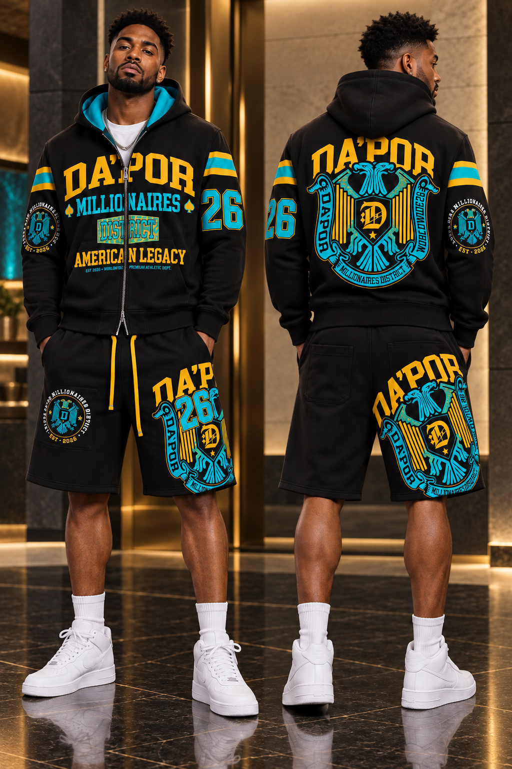 Styled front and rear views of the turquoise-and-gold DA’POR District hoodie and shorts
